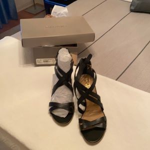 Black strappy wooden heeled sandal